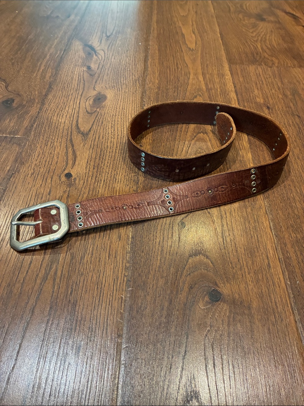 Women's Brown Leather Studded Belt with Geometric Metal Buckle - Picture 3 of 11